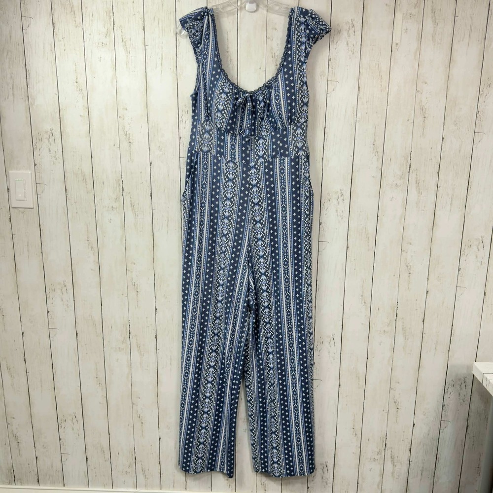 Derek Heart Women's Blue Boho Print Cap Sleeve Wide Leg Jumpsuit Size Large